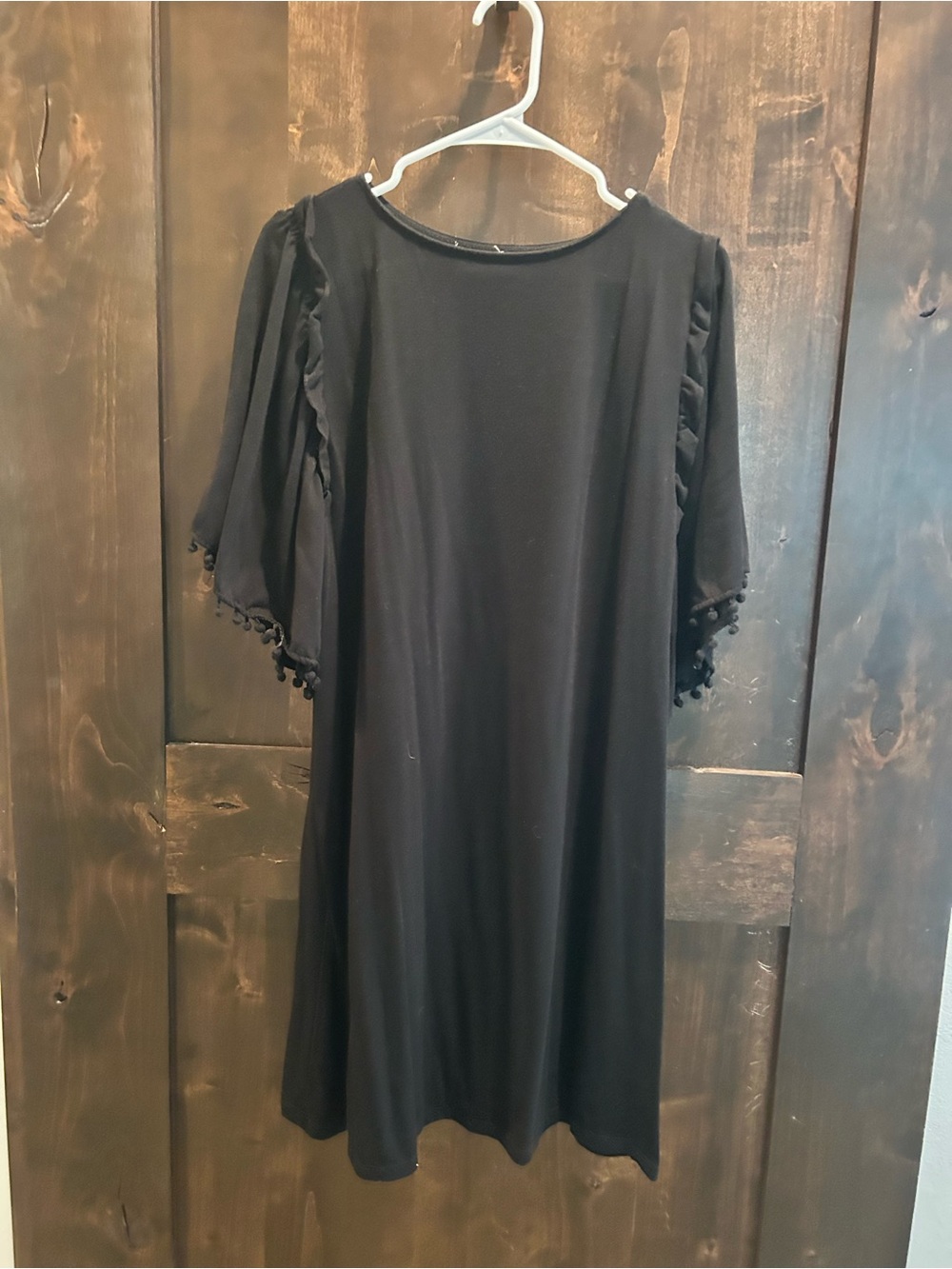Black Pom-Trim Mini Dress with Ruffled Sleeves